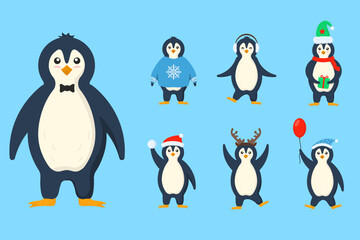 Collection of funny cartoon arctic characters animals in outerwear. Set of adorable penguins wearing winter clothing and hats. Postcard for New Year and Christmas. Vector image in cartoon flat style.
