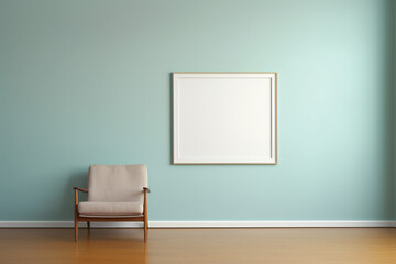 wooden frame with blank white canvas in modern living room, minimalistic, mockup