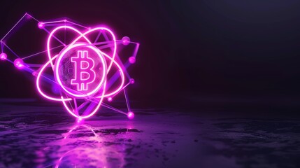 Fototapeta na wymiar Neon glowing Bitcoin symbol with atomic structure, cryptocurrency concept on dark background with reflective surface for banner and wallpaper
