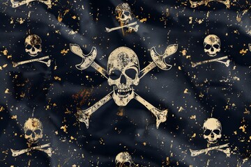 A pirate flag pattern, with stylized skulls, crossed swords, and worn fabric, echoing the pirate history and treasures created with Generative AI Technology