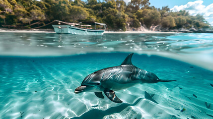 A playful dolphin swimming alongside a boat in crystal-clear waters