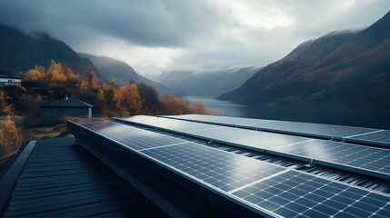 Solar panels installed on the roof of a building, in a remote area with mountains and lakes. Beautiful autumn landscape. Using modern technology in a harsh natural environment. Clean energy.