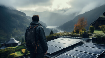 Pensive tourist standing on the rooftop equipped with solar panels, looking at the dark foggy landscape with lake and mountains. Clean energy, modern technology in remote area.