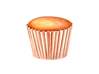 Muffin in paper wrapper. Cheese cupcake. Sweet dessert isolated on white background. Side view. Watercolor illustration for package, menu, recipe, label
