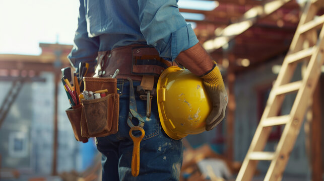 A close-up view of a construction worker's tool belt and hard hat.
