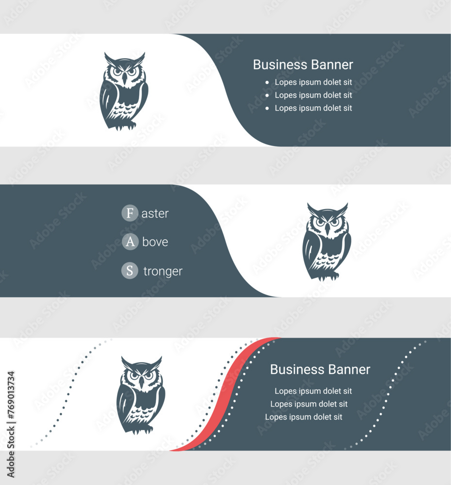 Wall mural Set of blue grey banner, horizontal business banner templates. Banners with template for text and owl symbol. Classic and modern style. Vector illustration on grey background