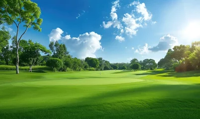 Muurstickers Bestemmingen Golf course with mountain and blue sky background.