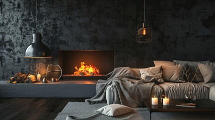 a cozy living room scene with a modern sofa adorned with soft cushions and a warm blanket