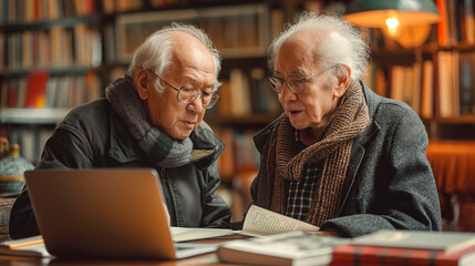 In a cozy library, two senior men are engaged in a discussion over a book and a laptop, representing a blend of traditional and modern methods of learning. - obrazy, fototapety, plakaty