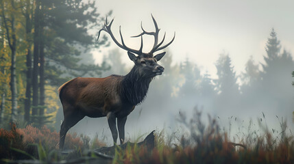 A regal stag standing proudly in a misty forest clearing