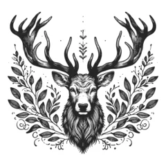 Fotobehang Stag deer with horns Antlers and Foliage sketch engraving generative ai fictional character vector illustration. Scratch board imitation. Black and white image. © Oleksandr Pokusai