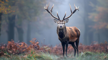A regal stag standing proudly in a misty forest clearing