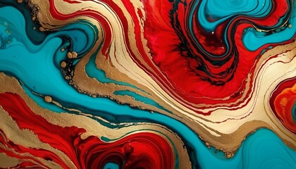 abstract liquid art painting using alcohol ink technique, liquid art, liquid oil. Abstract marble waves painted with red, gold and blue. Wide banner. Concept design, print, background