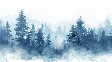Watercolor Coniferous Forest Winter Scene