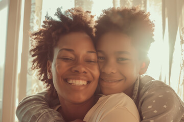 Photo of an african american teenage boy hugging his mother with a smile, close up photo in natural light, beige colors - Powered by Adobe