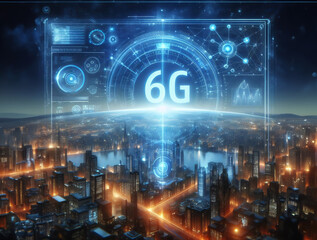 Fototapeta premium Futuristisches 6G-Technologiekonzept mit holografischer Schnittstelle über einer modernen Stadt