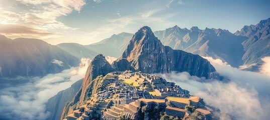 Sunset at machu picchu  incan citadel in andes mountains, historic sanctuary on mountain ridge