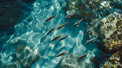 A school of fish gracefully swimming in crystal clear waters - obrazy, fototapety, plakaty