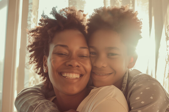 Photo of an african american teenage boy hugging his mother with a smile, close up photo in natural light, beige colors