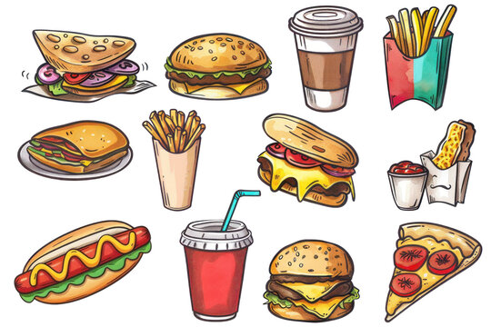 Colored fast food icons, symbols, painted, illustration, transparent or isolated on white background