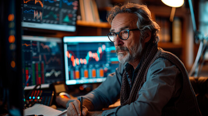 Fototapeta na wymiar A focused man with glasses and a beard reviews complex financial data across several computer screens in a sophisticated and intimate home trading setup.