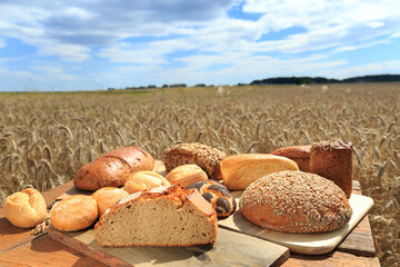 frische Brötchen und Brote im Getreidefeld