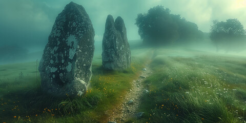 ancient megalithic stones on a foggy morning in a meadow