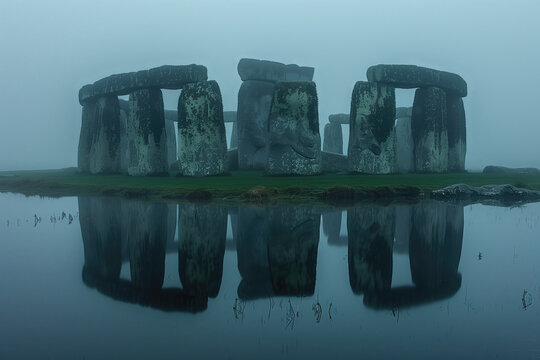 ancient megalithic cromlech on a foggy morning on the lake shore