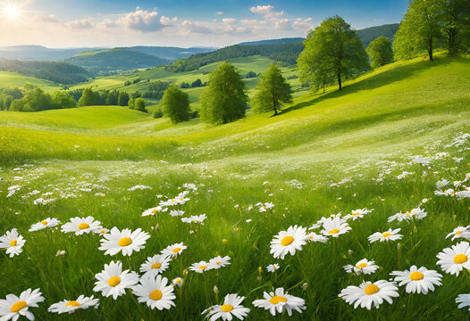 Idyllic spring and summer scene with daisies in a field against a backdrop of rolling hills, showcasing the beauty of nature.