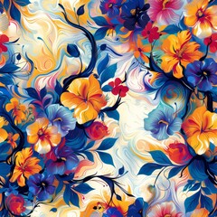 Abstract, dynamic, modern textile design with seamless, colorful swirling floral vine pattern, vibrant and artistic