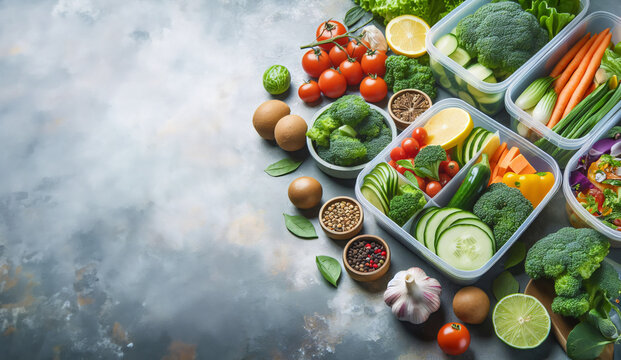 Close-up von gesundem, vegetarischem Essen in Beh&auml;ltern. Gem&uuml;se, Fr&uuml;chte, Kr&auml;uter, ausgewogenes Ern&auml;hrungskonzepts, copy space