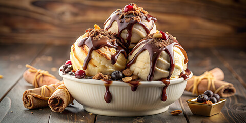 Three scoop of vanilla ice cream topped with chocolate sauce, crumbles, and nuts