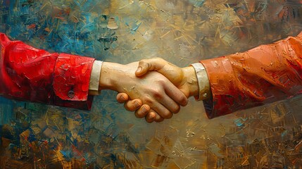 Shaking hands with partners. Mixed media.