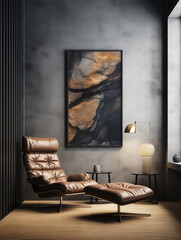 Brown leather armchair in a modern living room with daylight coming from the window. Large black and golden abstract painting on a gray wall. Artistic home, stylish decor, interior design.