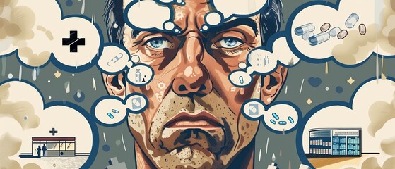 Close-up of a sick man's face, surrounded by thought bubbles, one depicting a hospital entrance and the other a pharmacy counter, symbolizing his dilemma