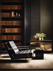 Black leather armchair in a modern living room with a large bookcase and a metal chest of drawers. Classy beautiful home, stylish decor, contemporary interior design.