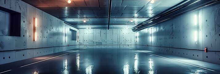 Dark Urban Garage Interior, Neon Lights Reflecting on Concrete Floor, Modern Architecture and Empty Space
