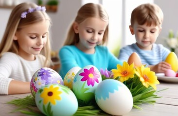 Fototapeta na wymiar Preparation for Easter, children decorating eggs, creativity, holiday