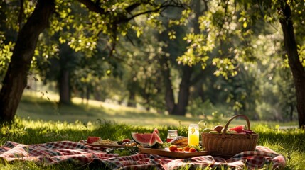 Picnic setup with basket and refreshments on a red checkered blanket in a sunny park. Summer leisure and picnic concept for design and print