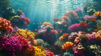 A vibrant coral reef teeming with colorful invertebrates