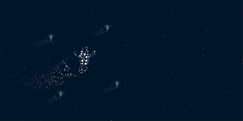 Fototapeta premium A giraffe head symbol filled with dots flies through the stars leaving a trail behind. There are four small symbols around. Vector illustration on dark blue background with stars