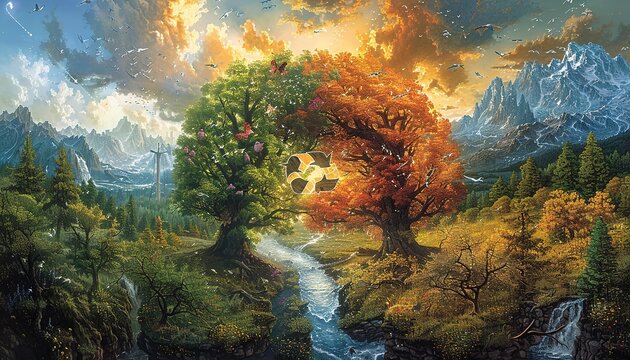 A painting of two trees with a river in between them