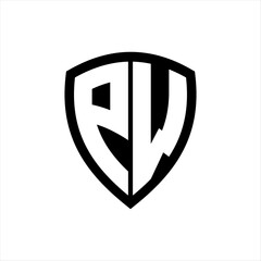 PW monogram logo with bold letters shield shape with black and white color design