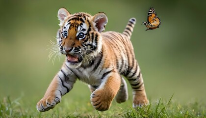 A Tiger Cub Chasing After A Butterfly - obrazy, fototapety, plakaty