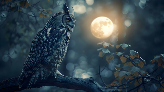 A wise old owl perched on a branch in the moonlight