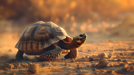 A wise old tortoise slowly crossing a sandy path - obrazy, fototapety, plakaty