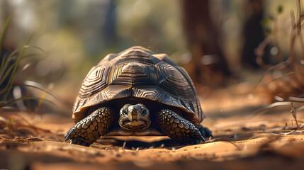 A wise old tortoise slowly crossing a sandy path - obrazy, fototapety, plakaty