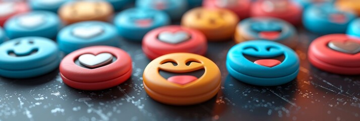 Cheerful emoticons  social media and communications background with happy and laughing emojis