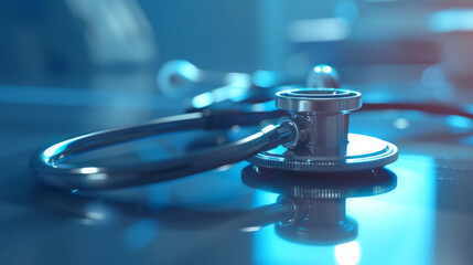 A stethoscope lies on a smooth blue fabric surface. - obrazy, fototapety, plakaty