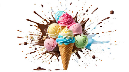 Vibrant ice cream explosion captured on a pristine white background, perfect for your tasty projects.